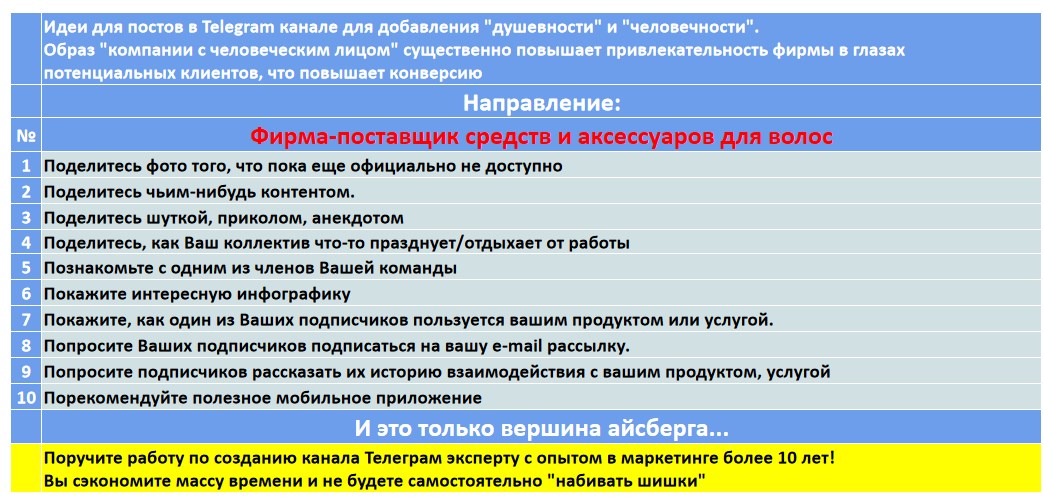 Мини-контент план для создания публикаций в нишевом Telegram канале - Фирма-поставщик средств и аксессуаров для волос