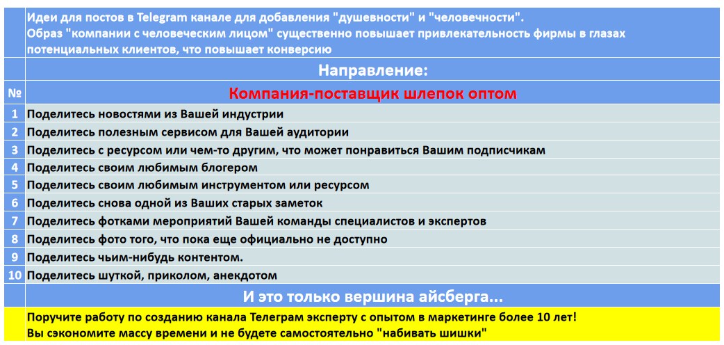 Мини-контент план для создания публикаций в нишевом Telegram канале - Компания-поставщик шлепок оптом