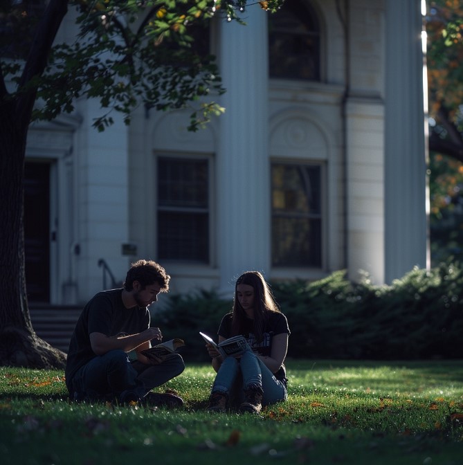 Студенты сидят на лужайке перед колледжем