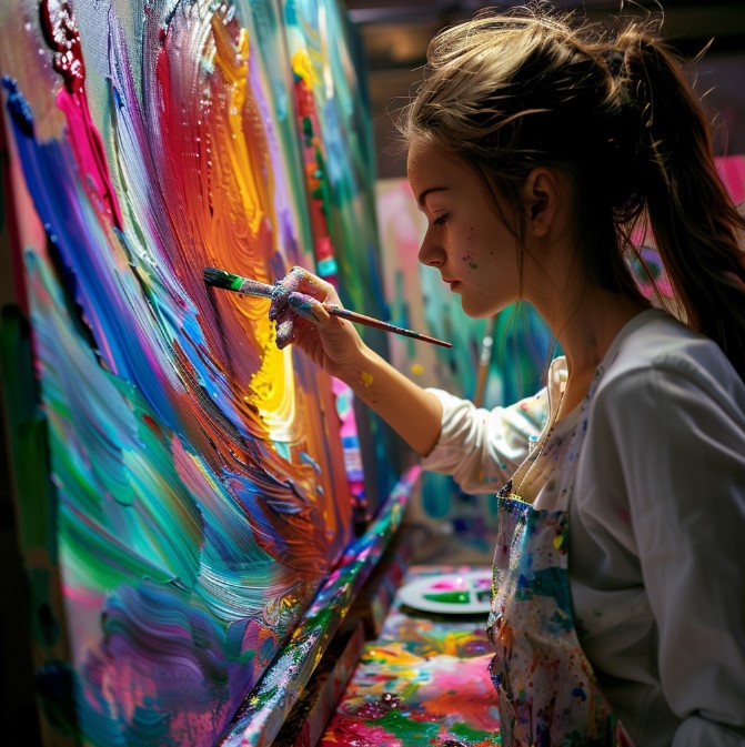 Девушка в студии рисует на холсте