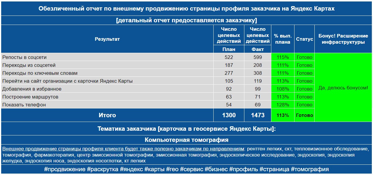 Обезличенный отчет по анализу профиля заказчика на Яндекс Картах