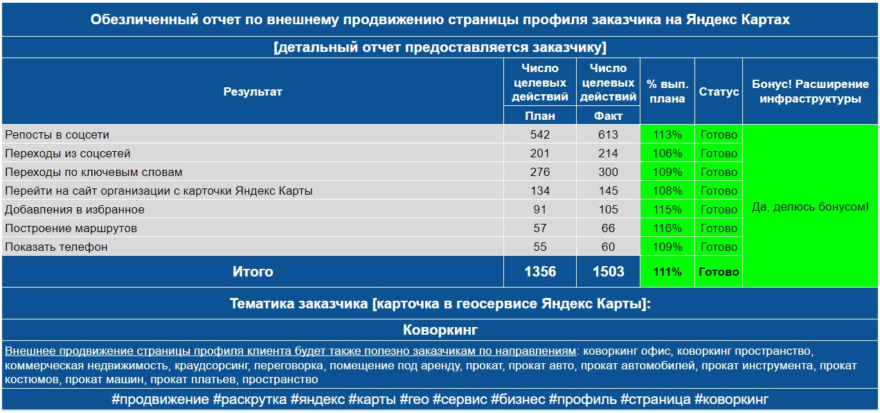 Обезличенный отчет по анализу профиля заказчика на Яндекс Картах