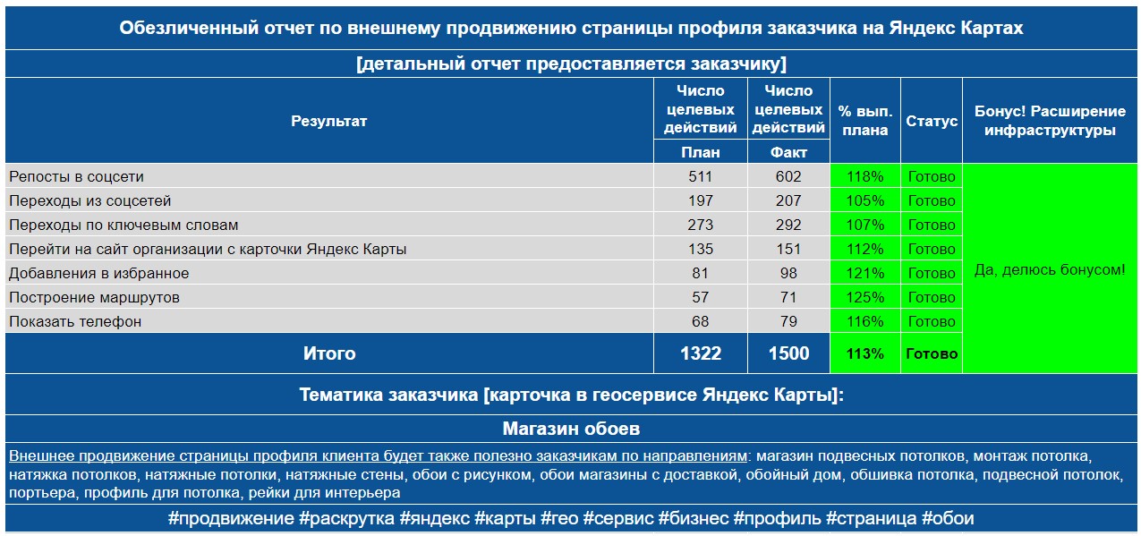 Обезличенный отчет по анализу профиля заказчика на Яндекс Картах