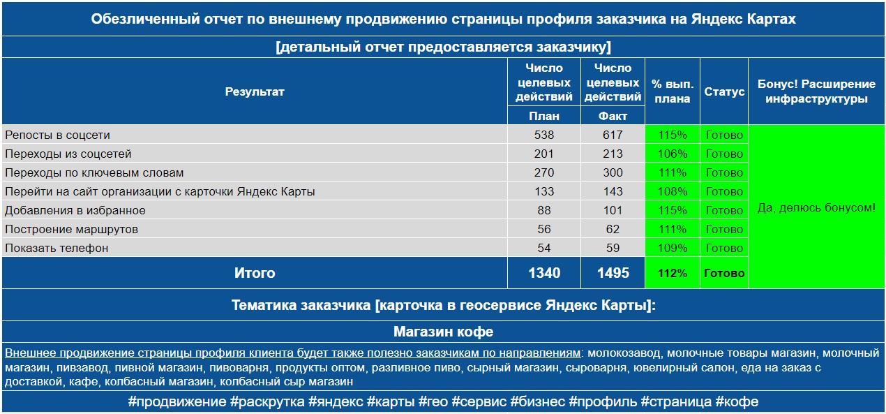 Обезличенный отчет по анализу профиля заказчика на Яндекс Картах