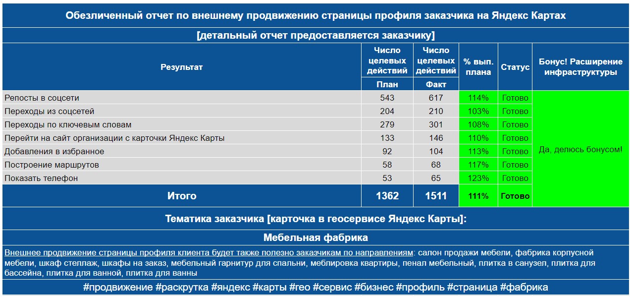 Обезличенный отчет по анализу профиля заказчика на Яндекс Картах