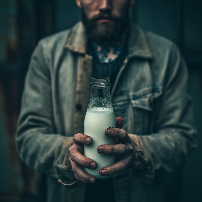 Бездомный мужчина с молоком в руках