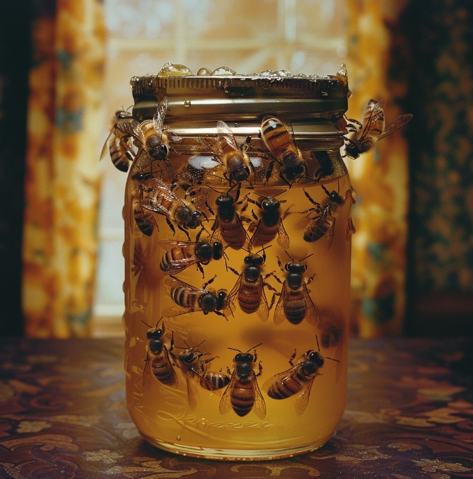 Пчелы облепили банку с медом