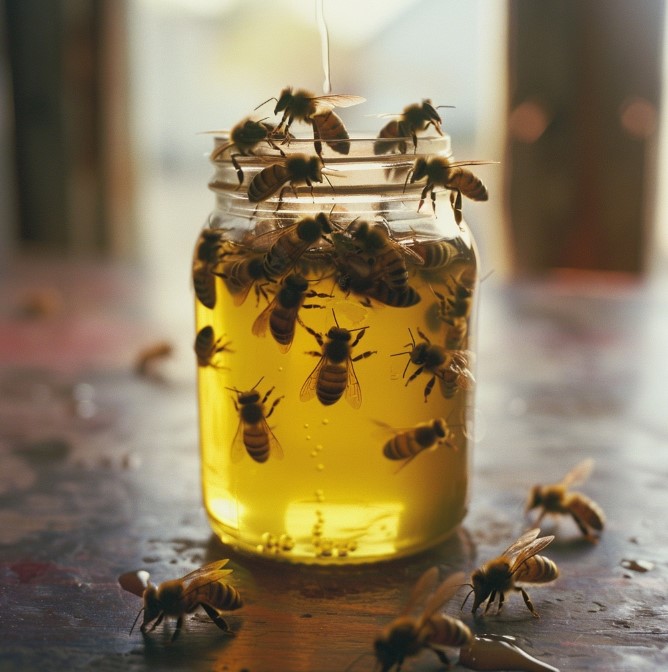 Пчелы на и внутри банки с медом