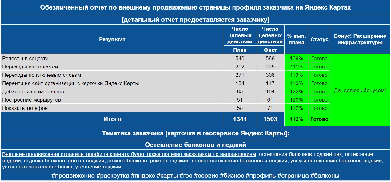 Обезличенный отчет по анализу профиля заказчика на Яндекс Картах