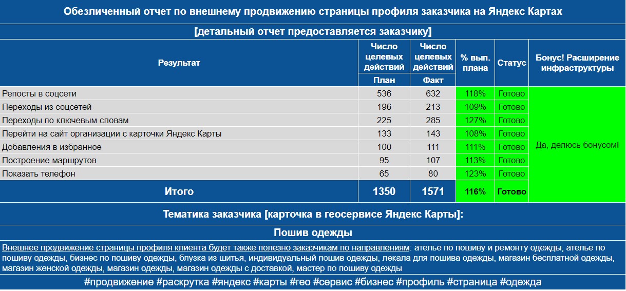 Обезличенный отчет по анализу профиля заказчика на Яндекс Картах