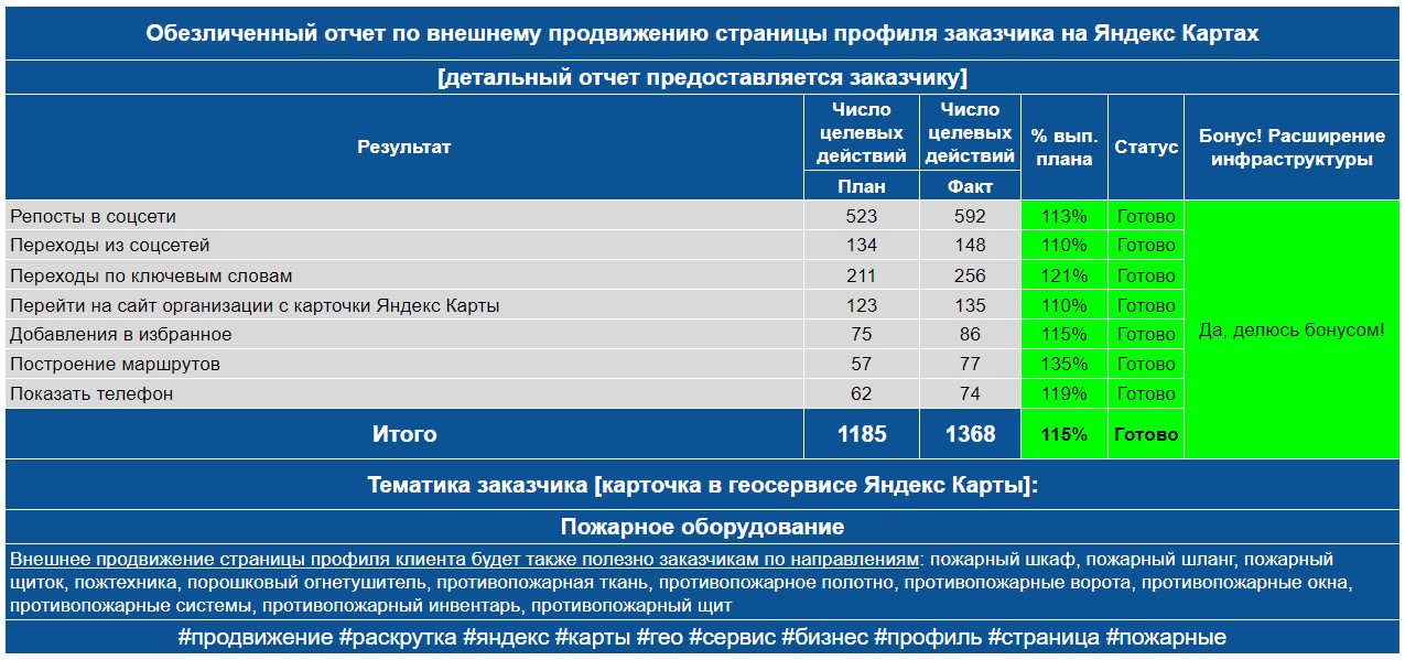 Обезличенный отчет по анализу профиля заказчика на Яндекс Картах