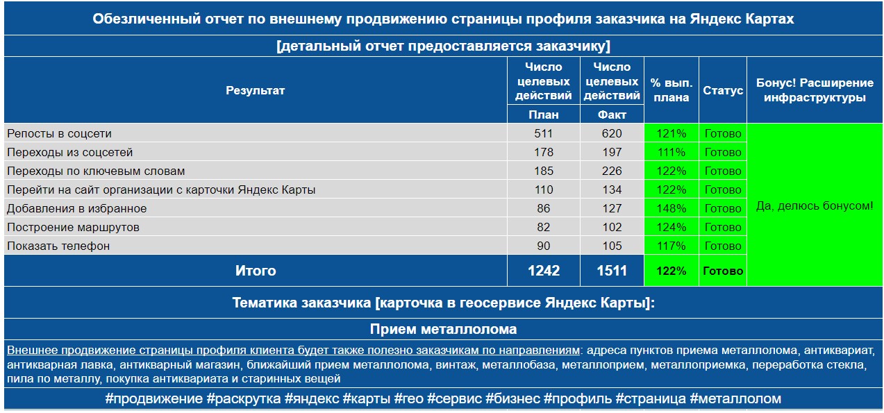 Обезличенный отчет по анализу профиля заказчика на Яндекс Картах