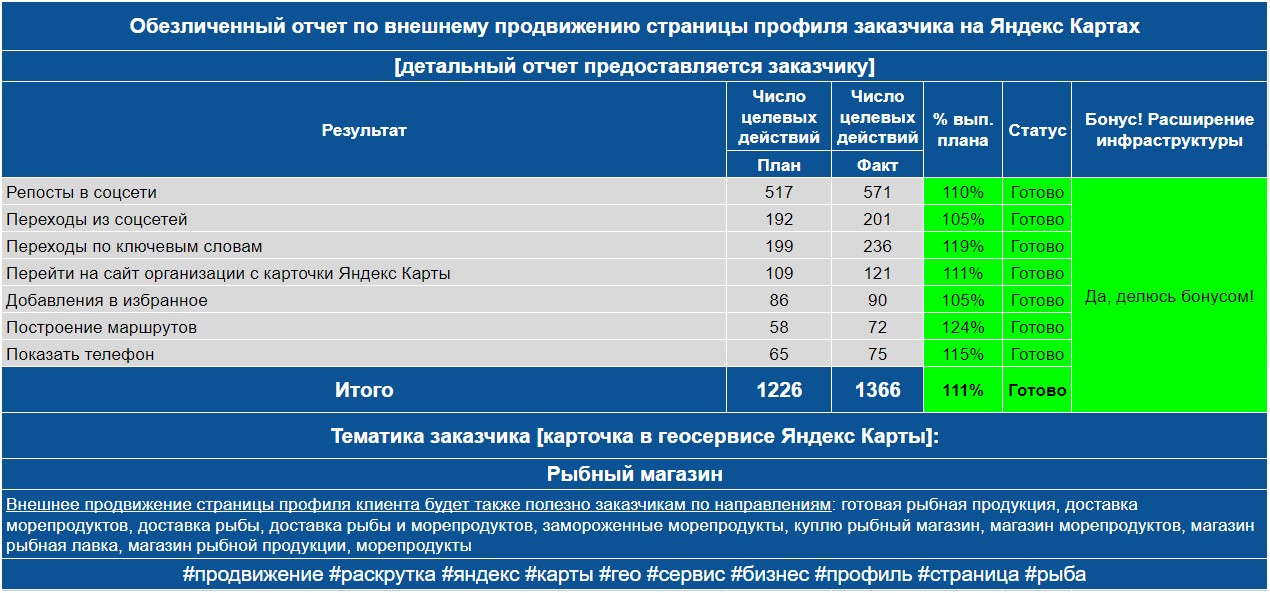 Обезличенный отчет по анализу профиля заказчика на Яндекс Картах