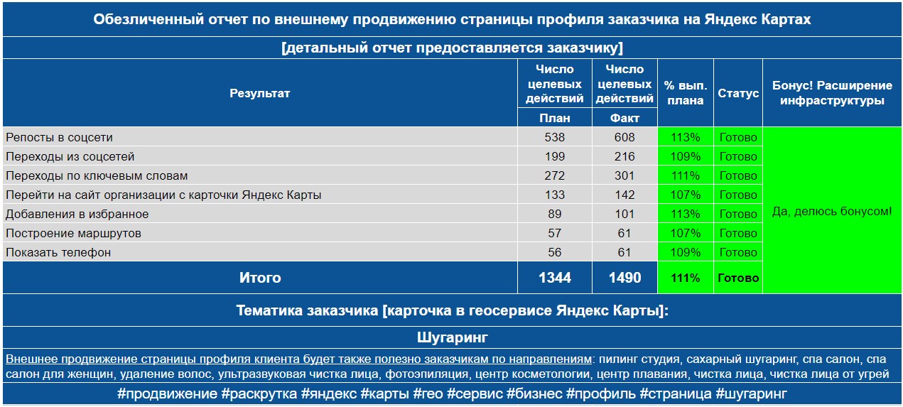 Обезличенный отчет по анализу профиля заказчика на Яндекс Картах