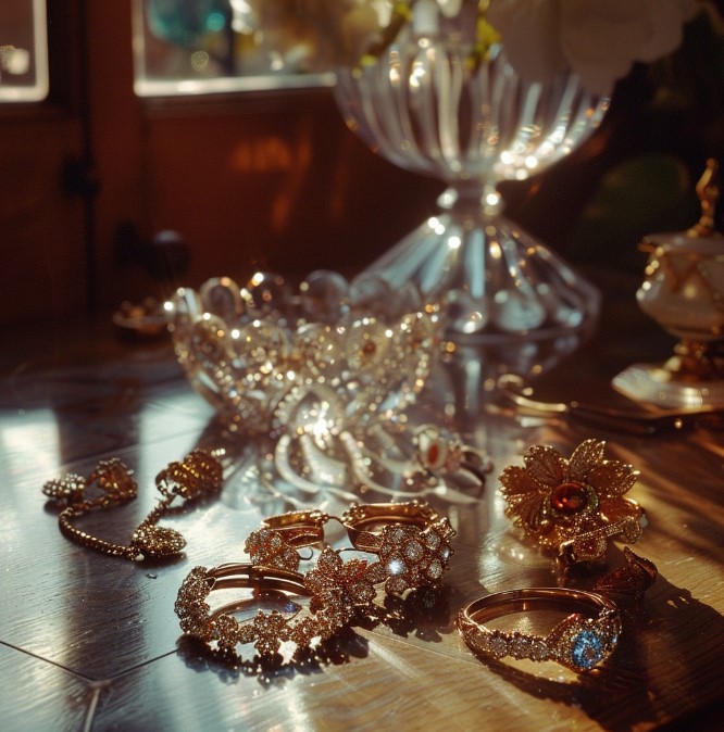 Кольца и ожерелье на столе