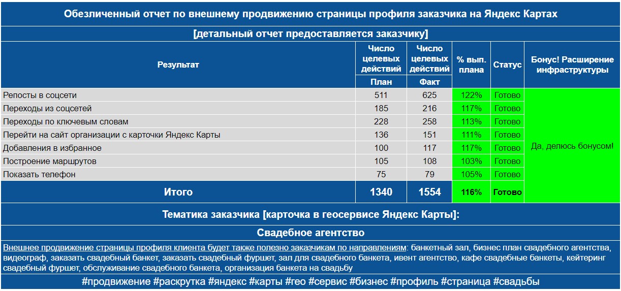 Обезличенный отчет по анализу профиля заказчика на Яндекс Картах