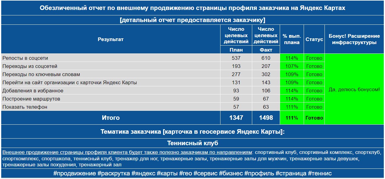 Обезличенный отчет по анализу профиля заказчика на Яндекс Картах