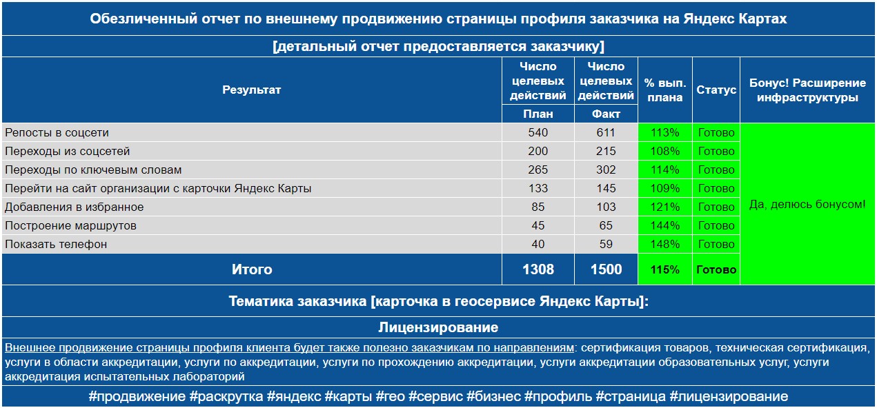 Обезличенный отчет по анализу профиля заказчика на Яндекс Картах