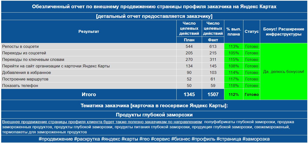 Обезличенный отчет по анализу профиля заказчика на Яндекс Картах