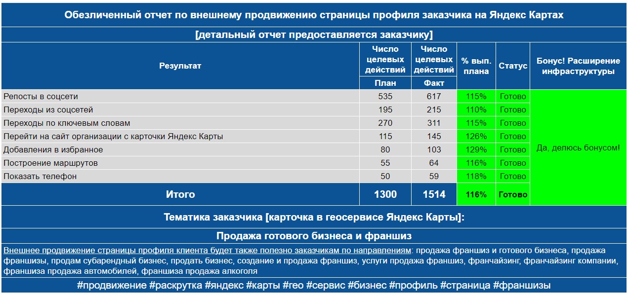 Обезличенный отчет по анализу профиля заказчика на Яндекс Картах