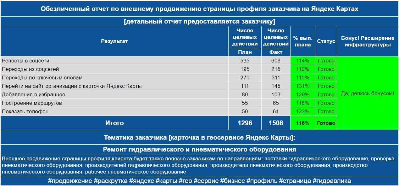 Обезличенный отчет по анализу профиля заказчика на Яндекс Картах