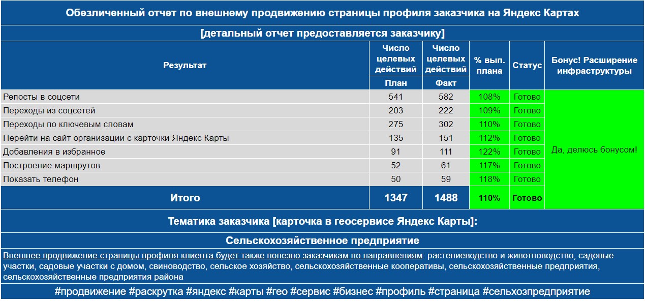 Обезличенный отчет по анализу профиля заказчика на Яндекс Картах